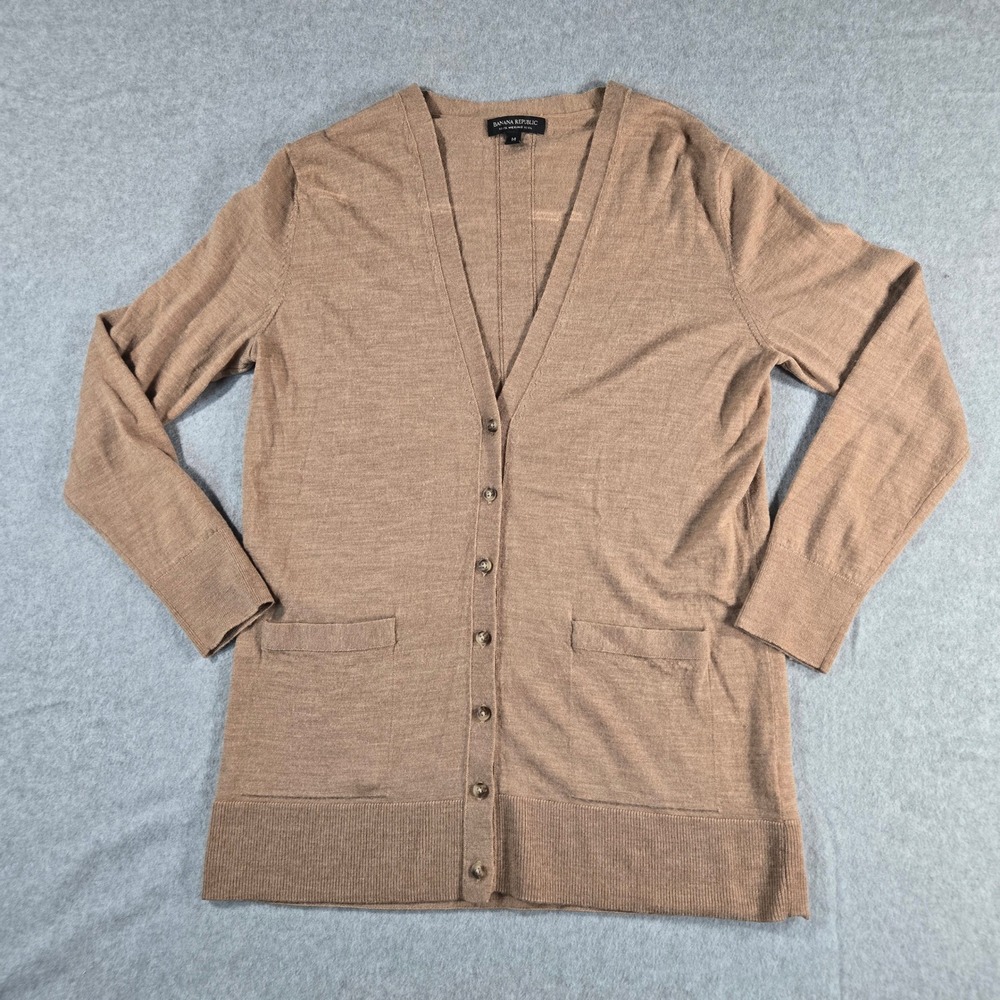 Banana Republic Merino Wool Cardigan Sweater Tan Heather V-Neck Womens Medium